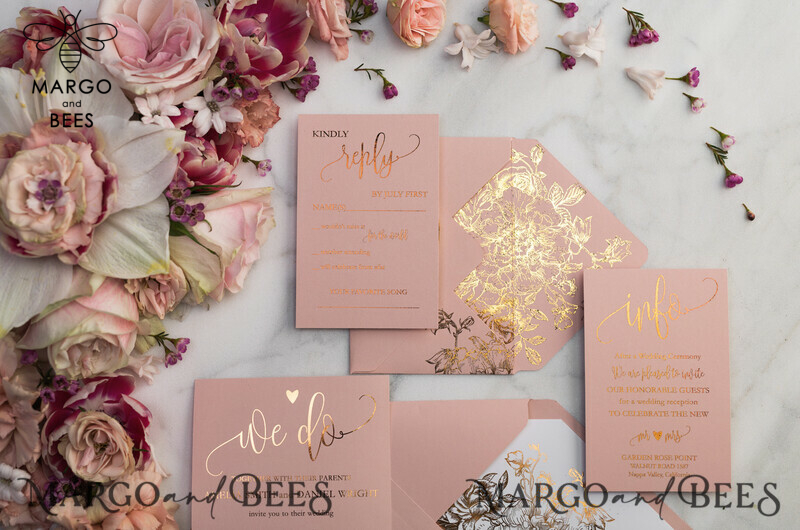 Blush Gold Wedding Invitations , Luxury Gold  Wedding Cards, Gold Vellum wrapping and wax seal Wedding stationery -28