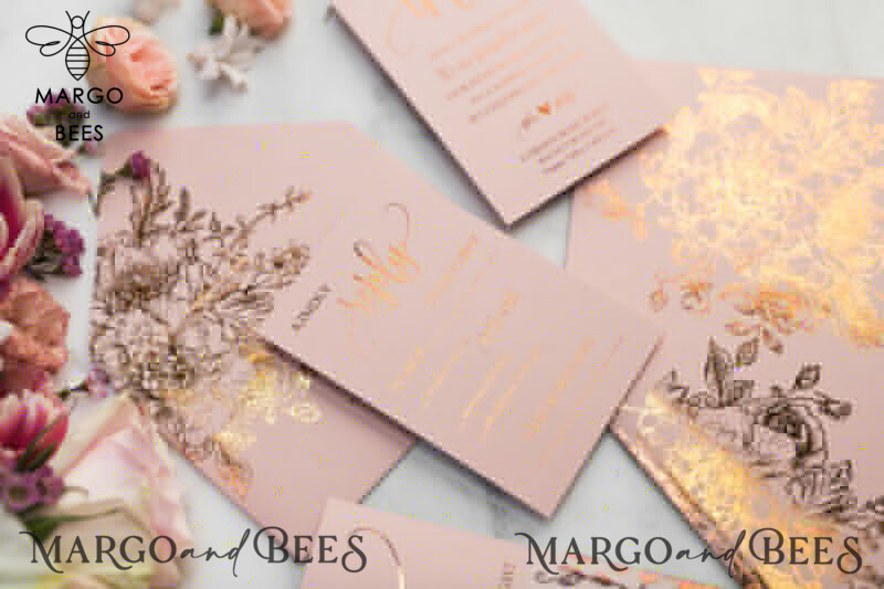 Blush Gold Wedding Invitations , Luxury Gold  Wedding Cards, Gold Vellum wrapping and wax seal Wedding stationery -30