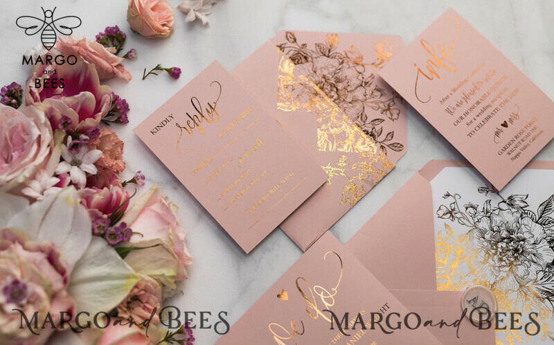Blush Gold Wedding Invitations , Luxury Gold  Wedding Cards, Gold Vellum wrapping and wax seal Wedding stationery -31
