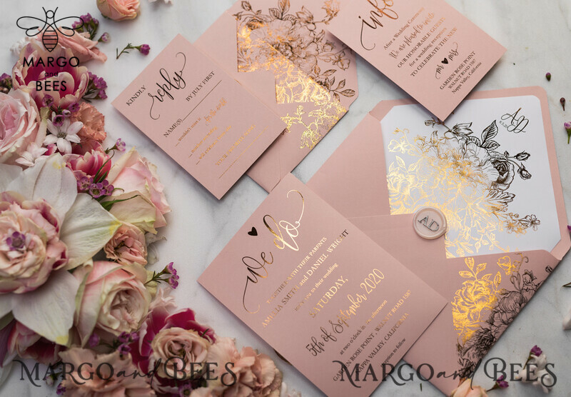 Blush Gold Wedding Invitations , Luxury Gold  Wedding Cards, Gold Vellum wrapping and wax seal Wedding stationery -32