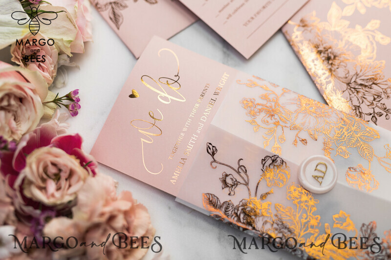 Blush Gold Wedding Invitations , Luxury Gold  Wedding Cards, Gold Vellum wrapping and wax seal Wedding stationery -36