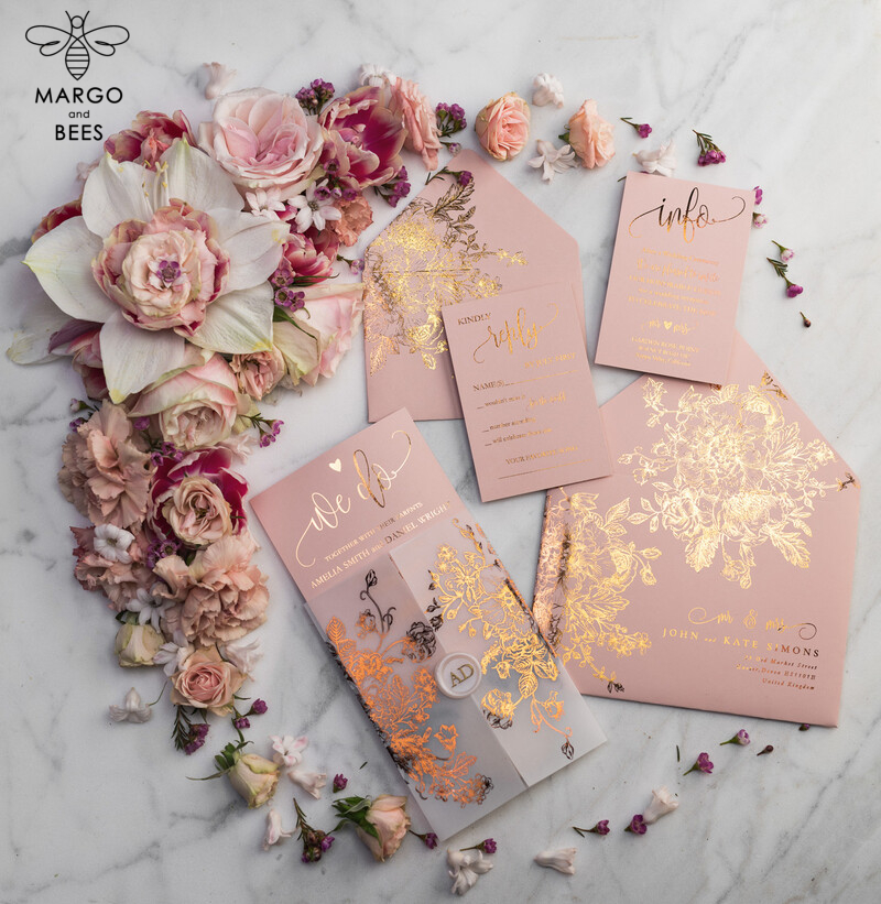 Luxury Vellum Gold Foil Wedding Invitations: Elegant Blush Pink & Golden Shine Wedding Invitation Suite-37