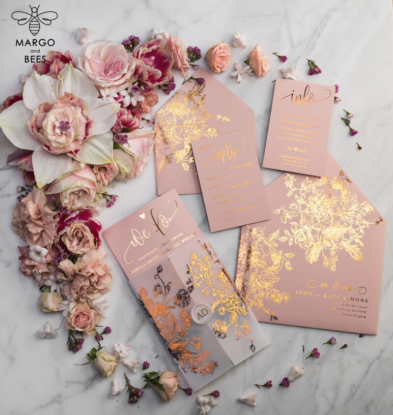 Luxury Vellum Gold Foil Wedding Invitations: Elegant Blush Pink & Golden Shine Wedding Invitation Suite-38