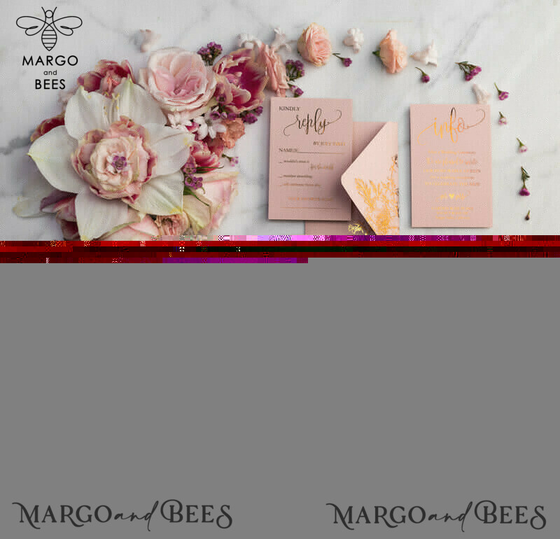 Blush Gold Wedding Invitations , Luxury Gold  Wedding Cards, Gold Vellum wrapping and wax seal Wedding stationery -39