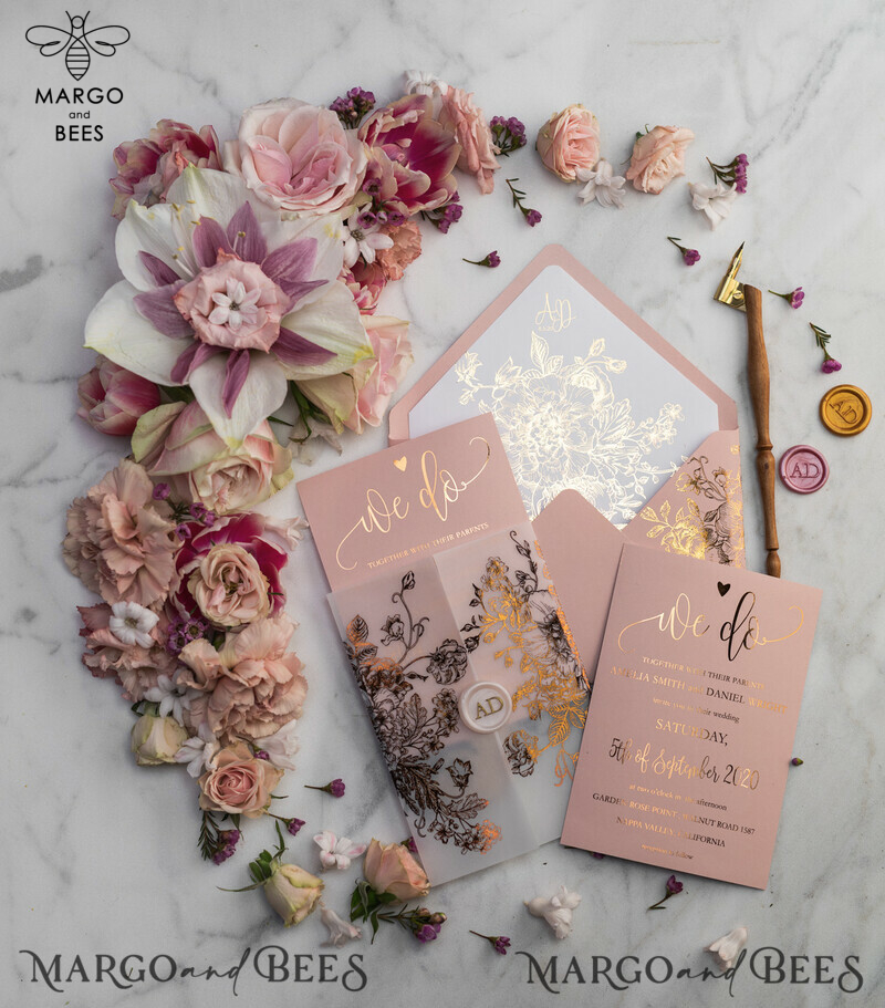 Luxury Vellum Gold Foil Wedding Invitations: Elegant Blush Pink Invitation Suite with Glamour Wedding Cards and Golden Shine-4