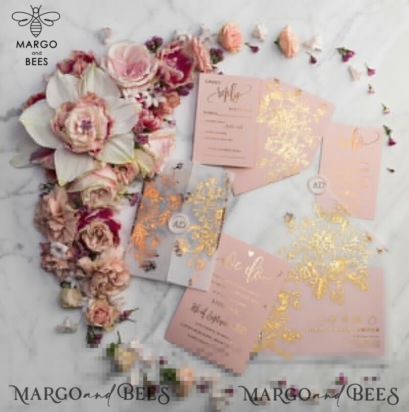 Luxury Vellum Gold Foil Wedding Invitations: Elegant Blush Pink & Golden Shine Wedding Invitation Suite-42