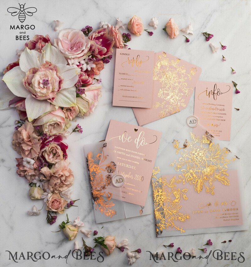 Blush Gold Wedding Invitations , Luxury Gold  Wedding Cards, Gold Vellum wrapping and wax seal Wedding stationery -43