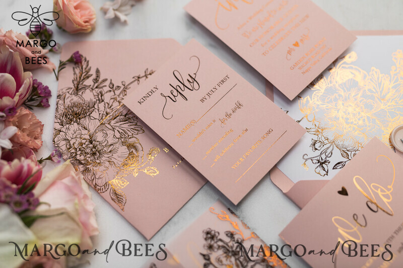 Blush Gold Wedding Invitations , Luxury Gold  Wedding Cards, Gold Vellum wrapping and wax seal Wedding stationery -44