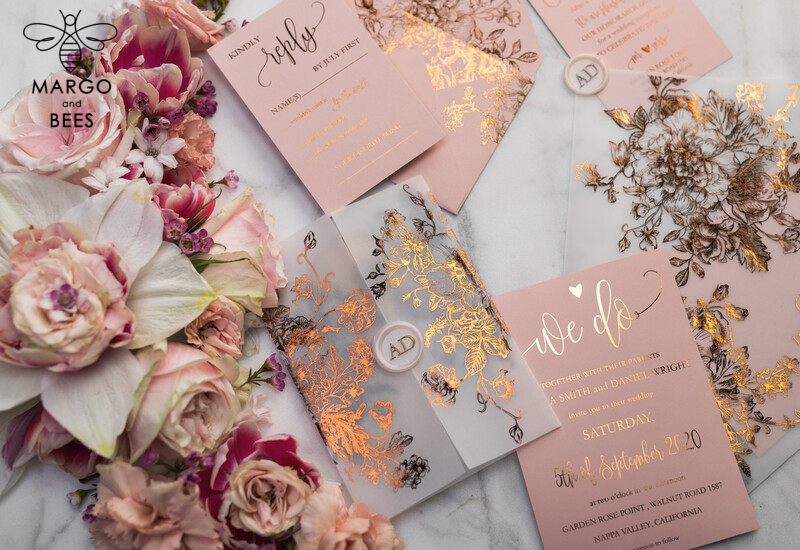 Blush Gold Wedding Invitations , Luxury Gold  Wedding Cards, Gold Vellum wrapping and wax seal Wedding stationery -45
