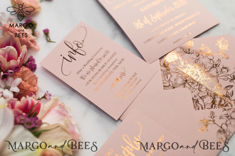 Blush Gold Wedding Invitations , Luxury Gold  Wedding Cards, Gold Vellum wrapping and wax seal Wedding stationery -46