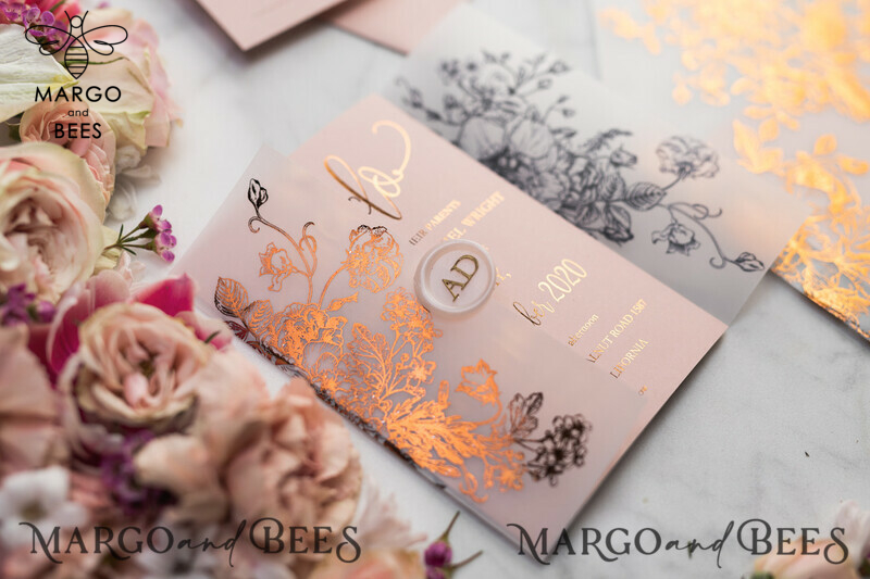 Blush Gold Wedding Invitations , Luxury Gold  Wedding Cards, Gold Vellum wrapping and wax seal Wedding stationery -47