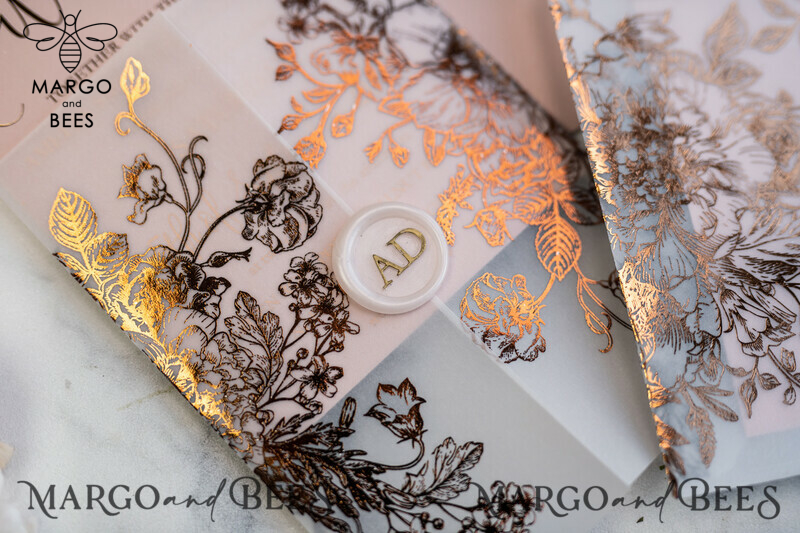 Blush Gold Wedding Invitations , Luxury Gold  Wedding Cards, Gold Vellum wrapping and wax seal Wedding stationery -48