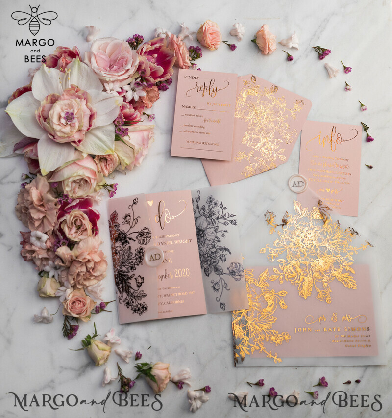 Blush Gold Wedding Invitations , Luxury Gold  Wedding Cards, Gold Vellum wrapping and wax seal Wedding stationery -49