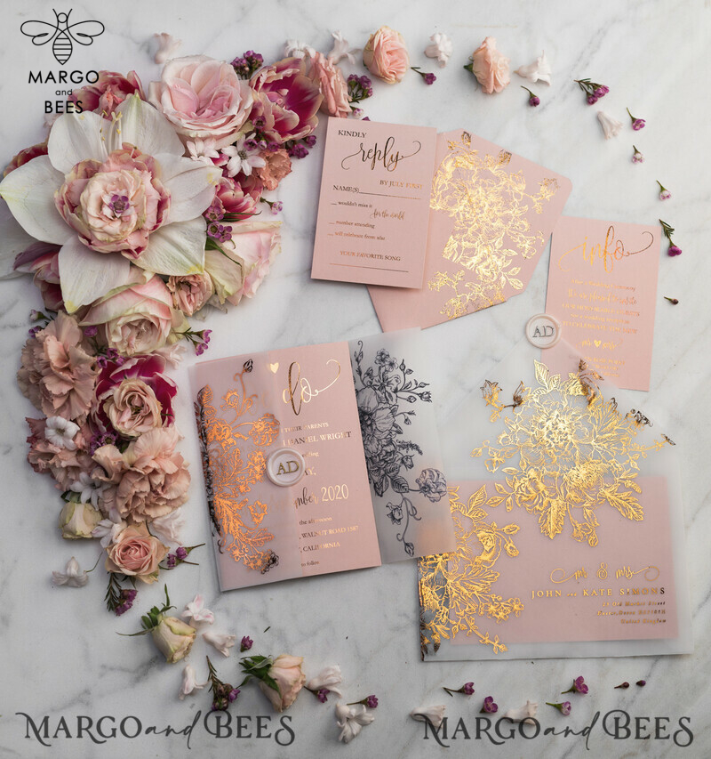 Blush Gold Wedding Invitations , Luxury Gold  Wedding Cards, Gold Vellum wrapping and wax seal Wedding stationery -50