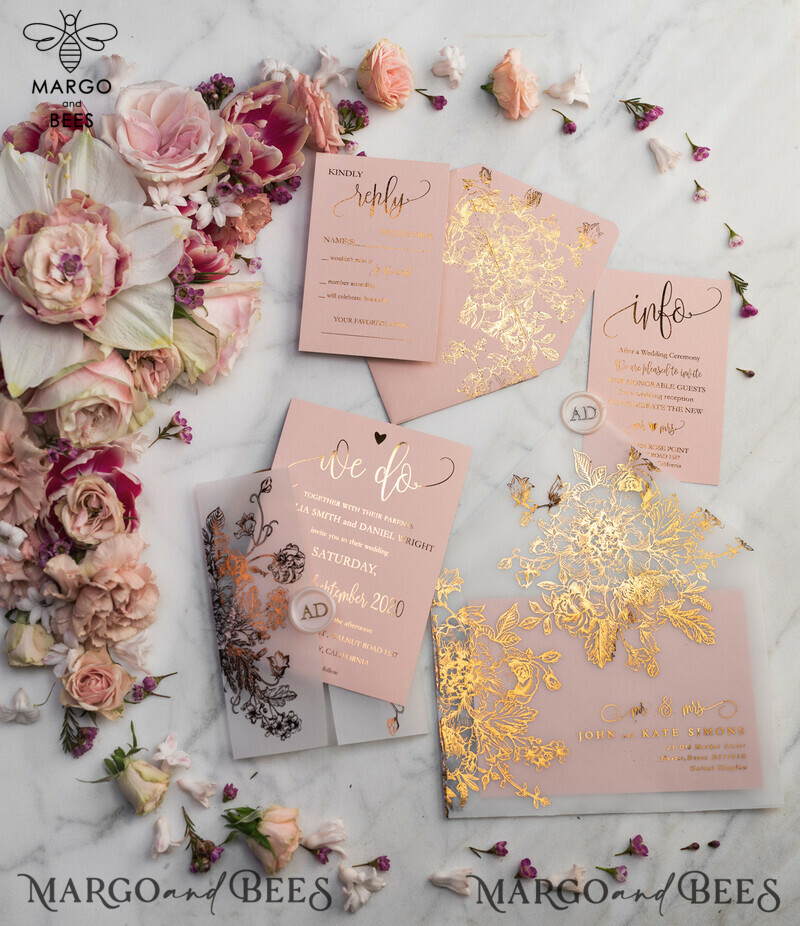 Blush Gold Wedding Invitations , Luxury Gold  Wedding Cards, Gold Vellum wrapping and wax seal Wedding stationery -52
