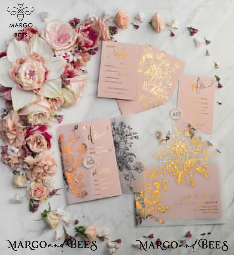 Blush Gold Wedding Invitations , Luxury Gold  Wedding Cards, Gold Vellum wrapping and wax seal Wedding stationery -54