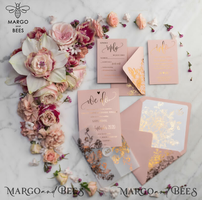 Blush Gold Wedding Invitations , Luxury Gold  Wedding Cards, Gold Vellum wrapping and wax seal Wedding stationery -55