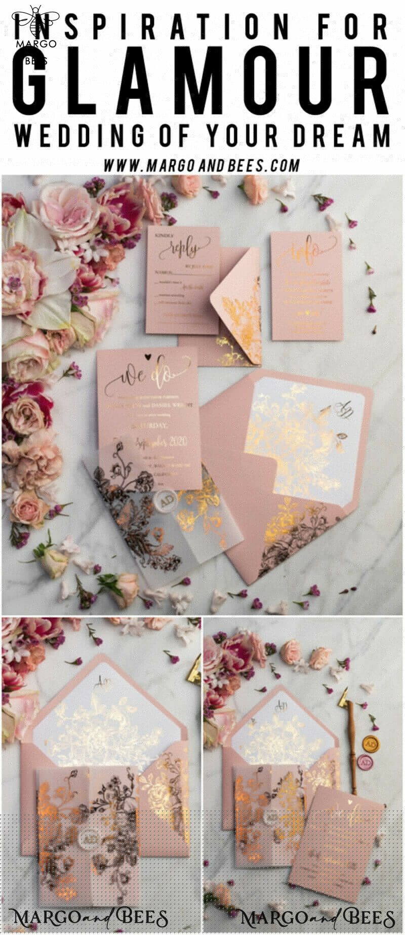 Blush Gold Wedding Invitations , Luxury Gold  Wedding Cards, Gold Vellum wrapping and wax seal Wedding stationery -57