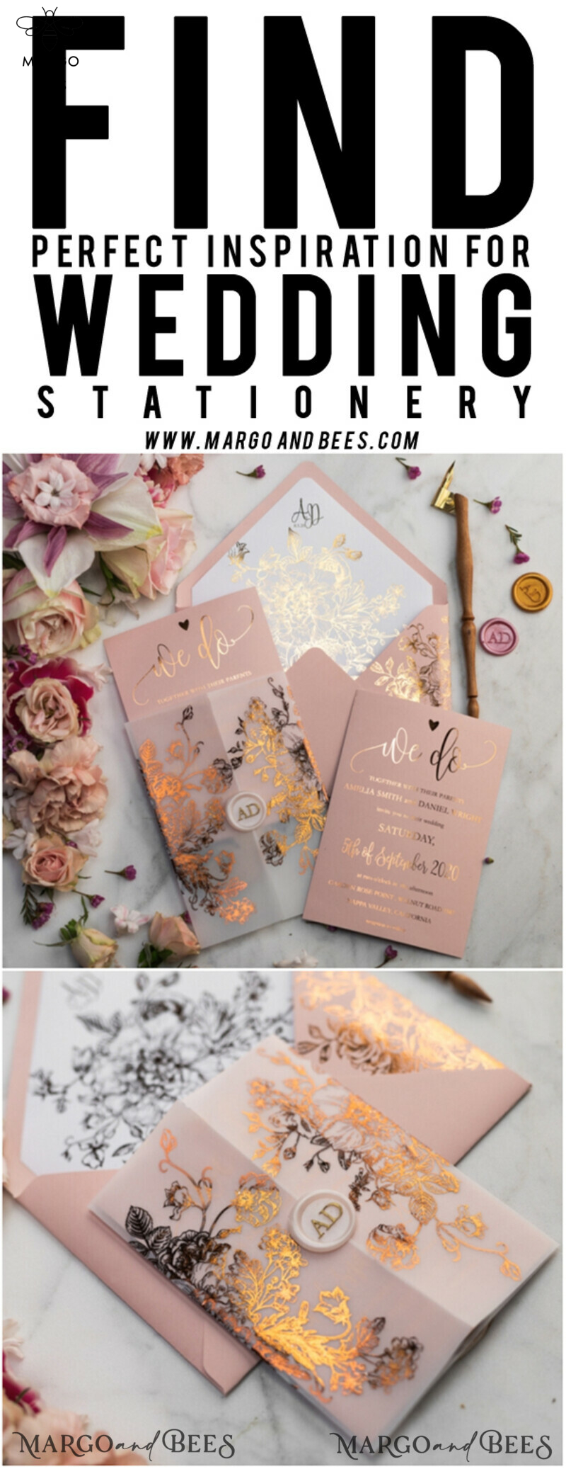 Blush Gold Wedding Invitations , Luxury Gold  Wedding Cards, Gold Vellum wrapping and wax seal Wedding stationery -58