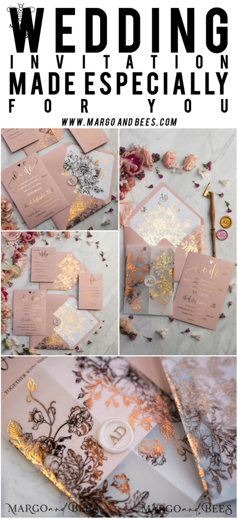 Luxury Vellum Gold Foil Wedding Invitations: Elegant Blush Pink & Golden Shine Wedding Invitation Suite-59
