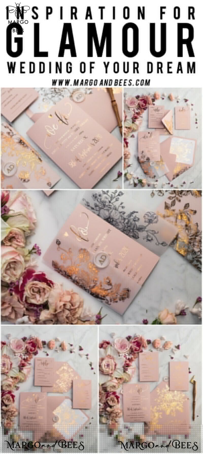 Blush Gold Wedding Invitations , Luxury Gold  Wedding Cards, Gold Vellum wrapping and wax seal Wedding stationery -61