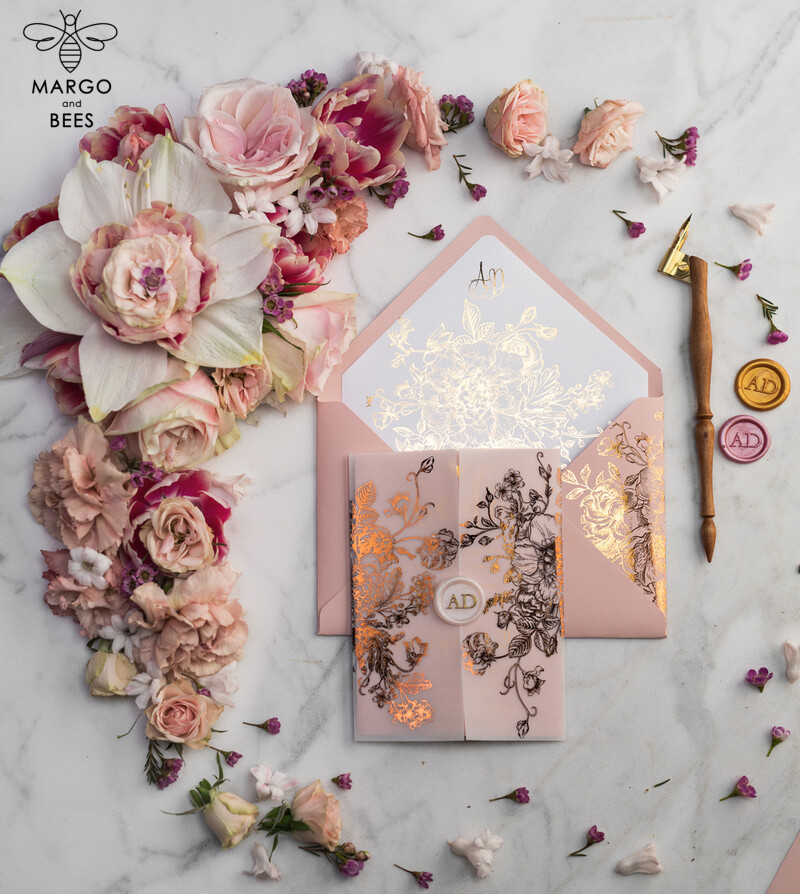 Luxury Vellum Gold Foil Wedding Invitations: Elegant Blush Pink Invitation Suite with Glamour Wedding Cards and Golden Shine-7