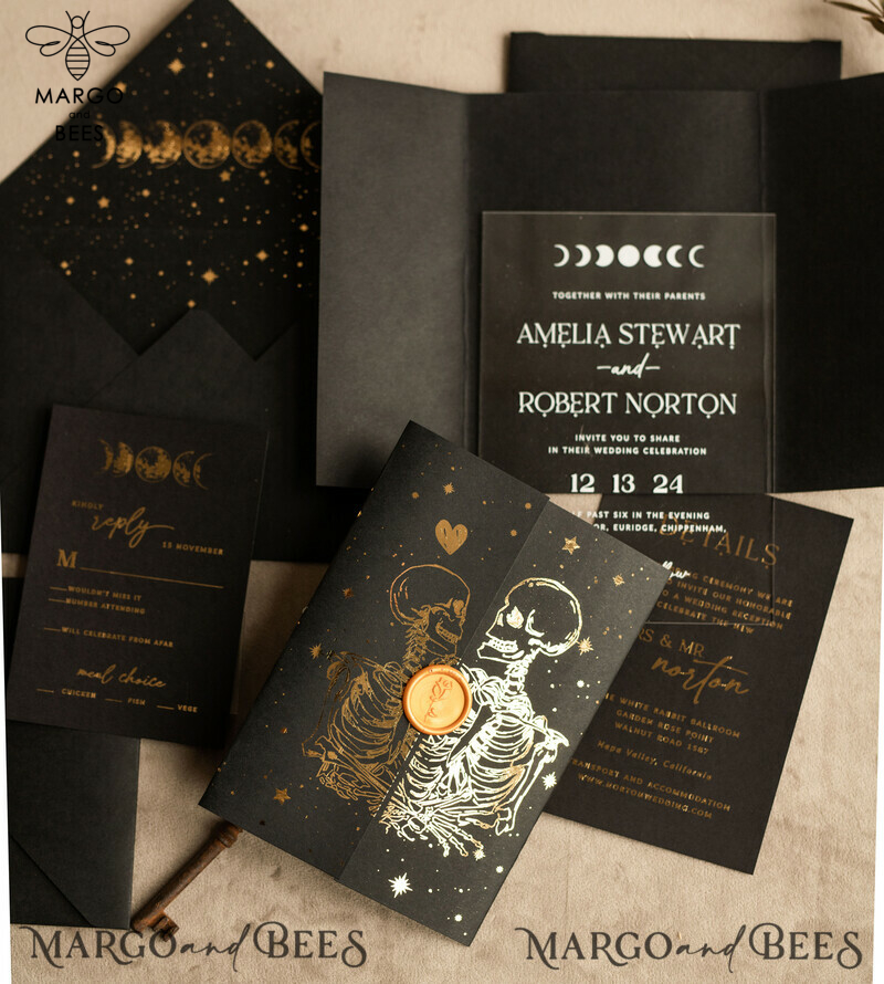 Elegant Halloween Gold Wedding Invitations with Black and Gold Acrylic Invitation Set and Moon Tarot Wedding Invitation Cards featuring Gold Skeleton Wedding Set-1