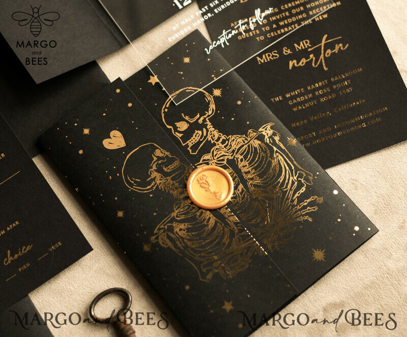 Elegant Halloween Gold Wedding Invitations with Black and Gold Acrylic Invitation Set and Moon Tarot Wedding Invitation Cards featuring Gold Skeleton Wedding Set-9