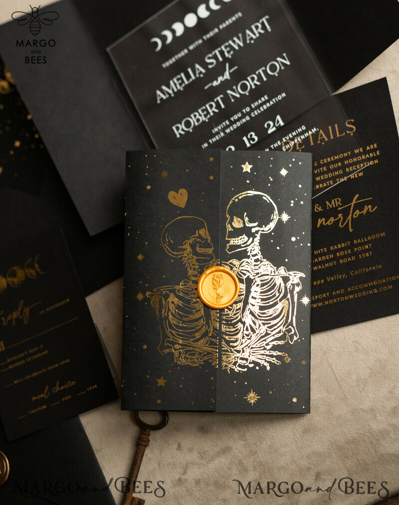 Elegant Halloween Gold Wedding Invitations with Black and Gold Acrylic Invitation Set and Moon Tarot Wedding Invitation Cards featuring Gold Skeleton Wedding Set-10