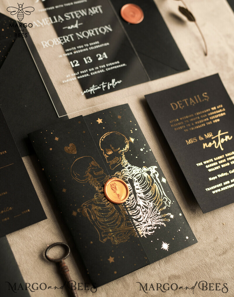 Elegant Halloween Gold Wedding Invitations with Black and Gold Acrylic Invitation Set and Moon Tarot Wedding Invitation Cards featuring Gold Skeleton Wedding Set-2