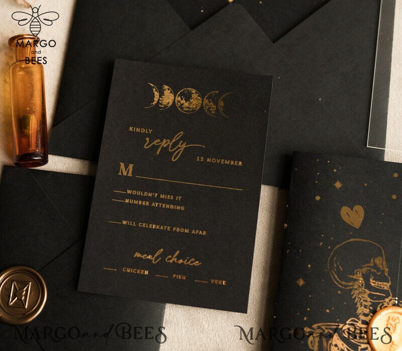 Elegant Halloween Gold Wedding Invitations with Black and Gold Acrylic Invitation Set and Moon Tarot Wedding Invitation Cards featuring Gold Skeleton Wedding Set-3