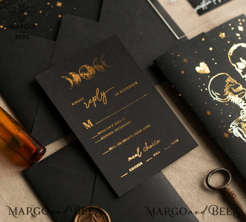 Elegant Halloween Gold Wedding Invitations with Black and Gold Acrylic Invitation Set and Moon Tarot Wedding Invitation Cards featuring Gold Skeleton Wedding Set-4