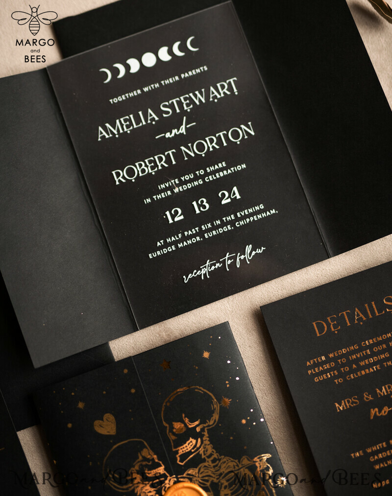 Elegant Halloween Gold Wedding Invitations with Black and Gold Acrylic Invitation Set and Moon Tarot Wedding Invitation Cards featuring Gold Skeleton Wedding Set-5
