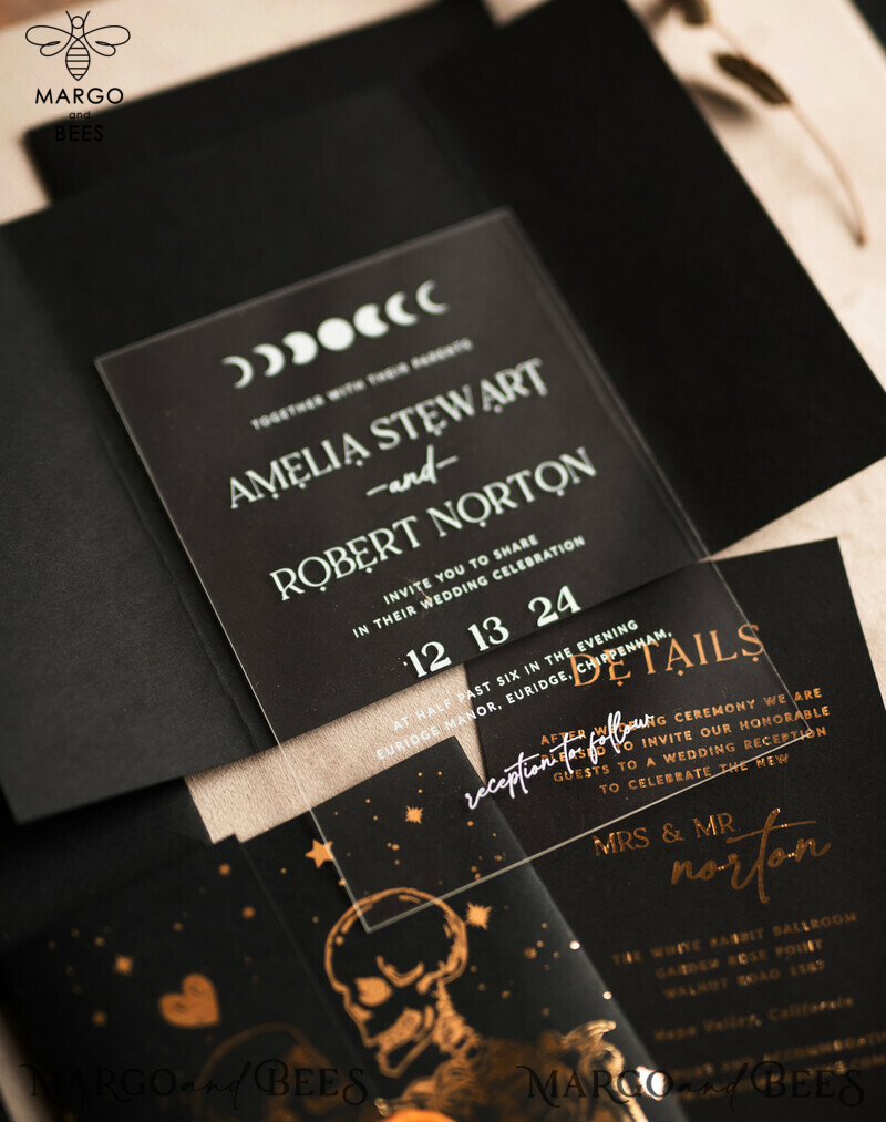 Elegant Halloween Gold Wedding Invitations with Black and Gold Acrylic Invitation Set and Moon Tarot Wedding Invitation Cards featuring Gold Skeleton Wedding Set-6