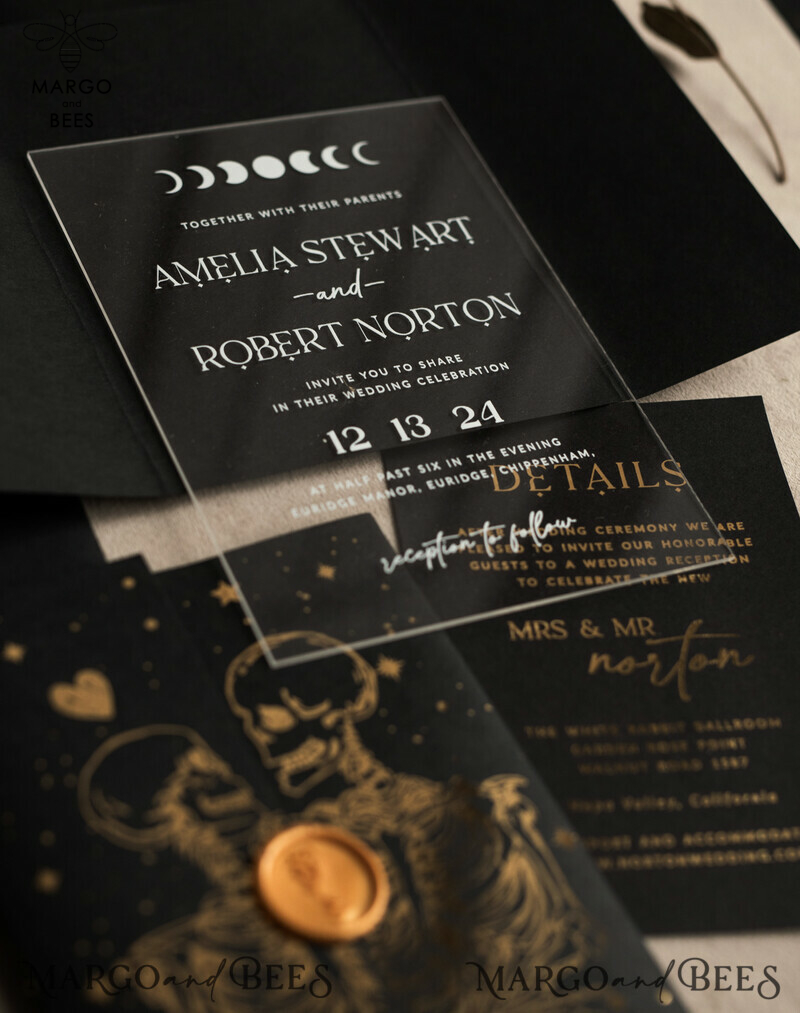 Elegant Halloween Gold Wedding Invitations with Black and Gold Acrylic Invitation Set and Moon Tarot Wedding Invitation Cards featuring Gold Skeleton Wedding Set-8