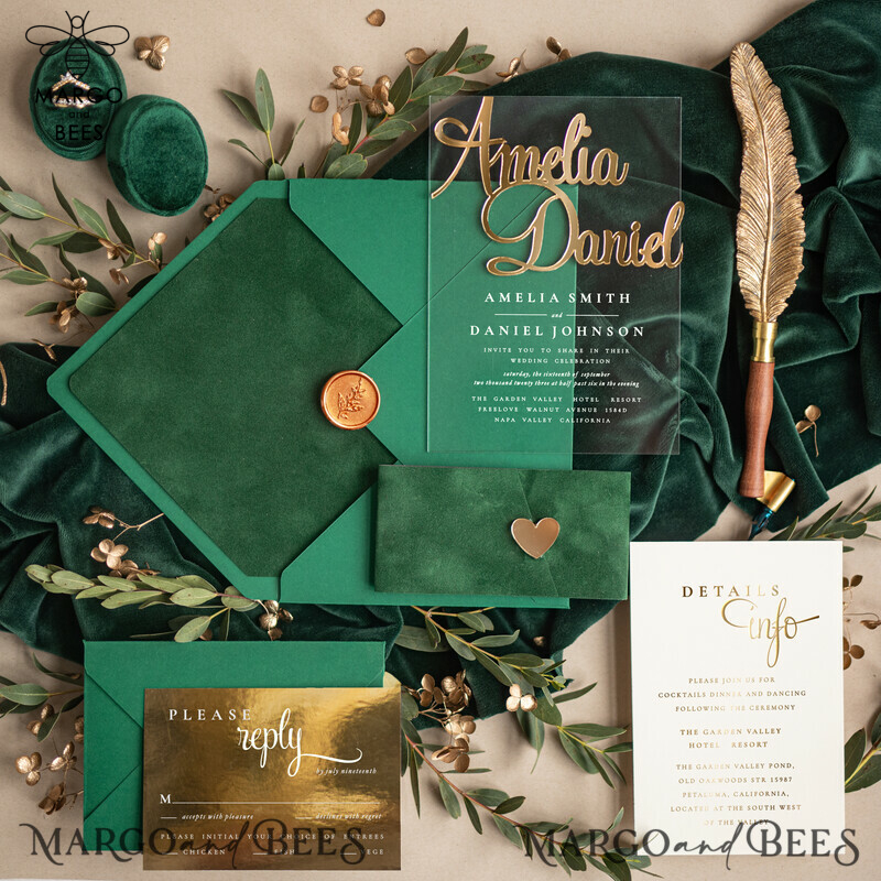 Bespoke Acrylic Gold  wedding invitation, Luxury Velvet Wedding Invitations • Glamour Wedding Invitation Suite • 3D Gold  Wedding Cards-0