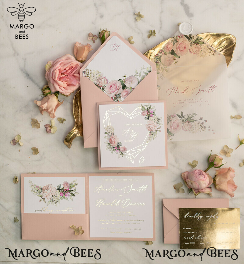 Luxory gold Wedding Invitations,  Vinatge Roses Elegant Wedding Stationery,  Pocket Fold Pink Elegant Wedding Invitations Suite-1