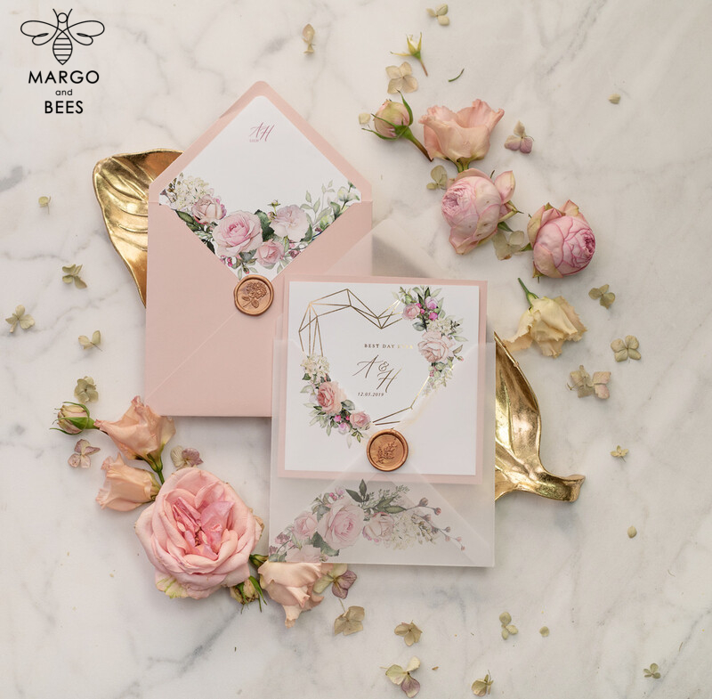 Luxory gold Wedding Invitations,  Vinatge Roses Elegant Wedding Stationery,  Pocket Fold Pink Elegant Wedding Invitations Suite-10