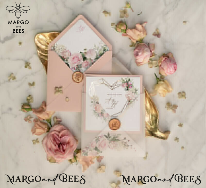 Luxory gold Wedding Invitations,  Vinatge Roses Elegant Wedding Stationery,  Pocket Fold Pink Elegant Wedding Invitations Suite-11