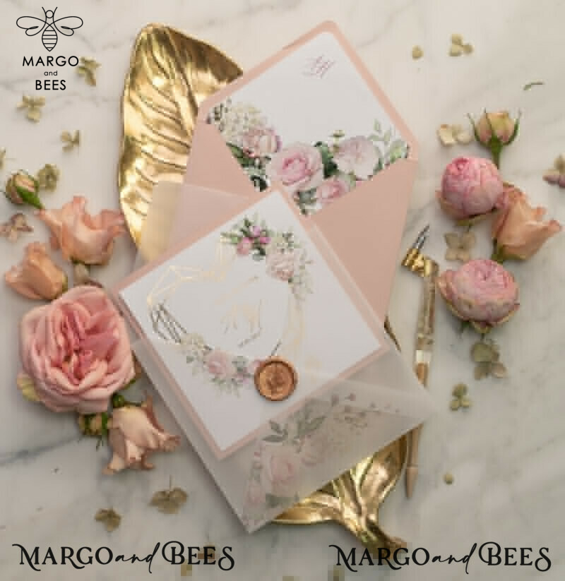 Luxory gold Wedding Invitations,  Vinatge Roses Elegant Wedding Stationery,  Pocket Fold Pink Elegant Wedding Invitations Suite-12