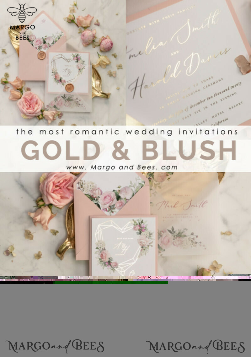 Glamour and Luxury: Bespoke Floral Wedding Invitation Suite with Elegant Blush Pink and Golden Shine-13