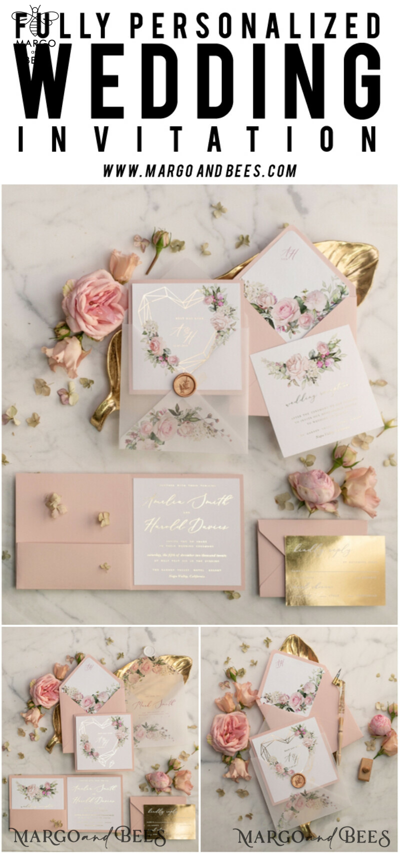 Luxory gold Wedding Invitations,  Vinatge Roses Elegant Wedding Stationery,  Pocket Fold Pink Elegant Wedding Invitations Suite-16