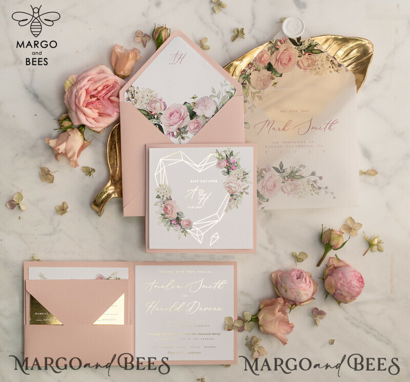 Glamour Gold Foil Wedding Invitations, Luxury Golden Shine Wedding Invites, Elegant Blush Pink Wedding Cards, Bespoke Floral Wedding Invitation Suite-3