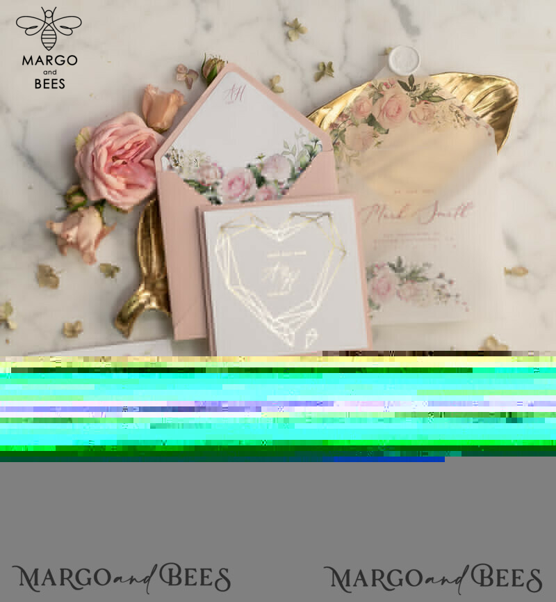 Luxory gold Wedding Invitations,  Vinatge Roses Elegant Wedding Stationery,  Pocket Fold Pink Elegant Wedding Invitations Suite-6