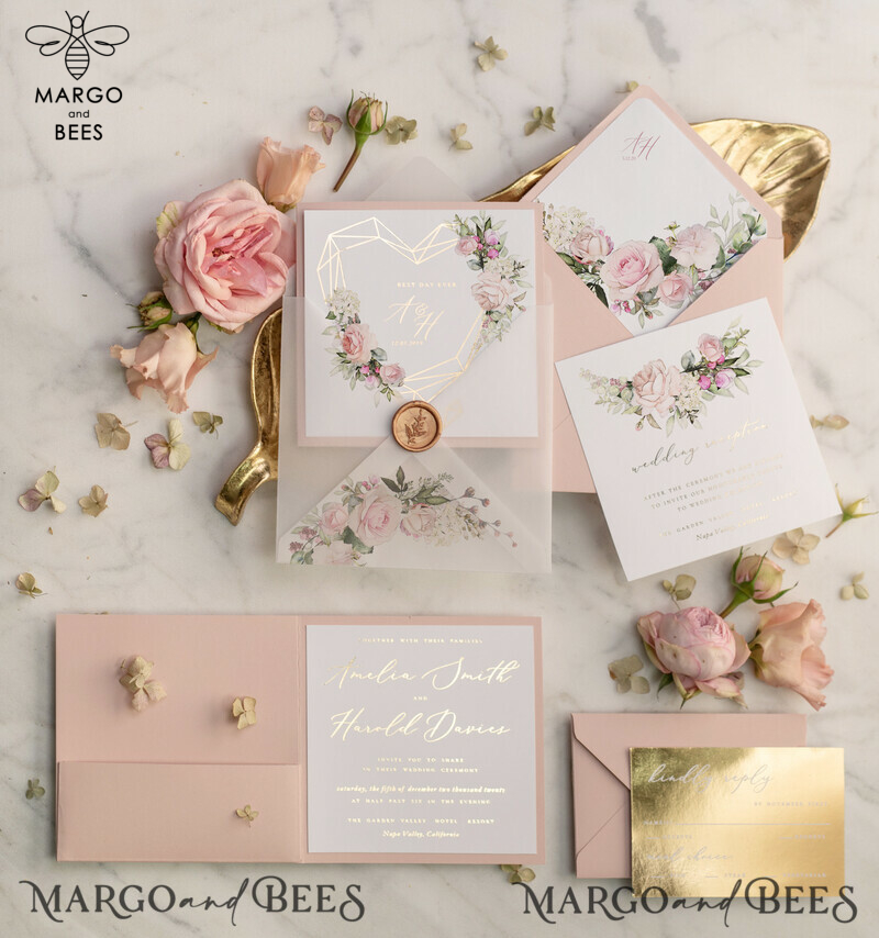 Glamour Gold Foil Wedding Invitations, Luxury Golden Shine Wedding Invites, Elegant Blush Pink Wedding Cards, Bespoke Floral Wedding Invitation Suite-0