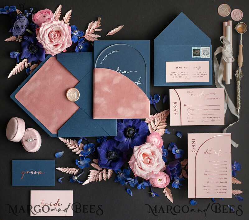 Arch Gold Acrylic wedding invitation suite, Velvet Pocket blush pink and navy blue Wedding Invites, Glamour Wedding Invitations-2