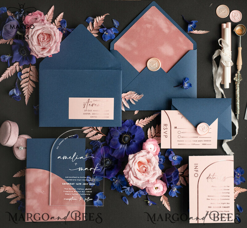 Arch Gold Acrylic wedding invitation suite, Velvet Pocket blush pink and navy blue Wedding Invites, Glamour Wedding Invitations-5