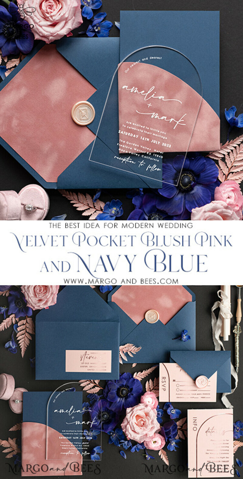 Arch Gold Acrylic wedding invitation suite, Velvet Pocket blush pink and navy blue Wedding Invites, Glamour Wedding Invitations-3