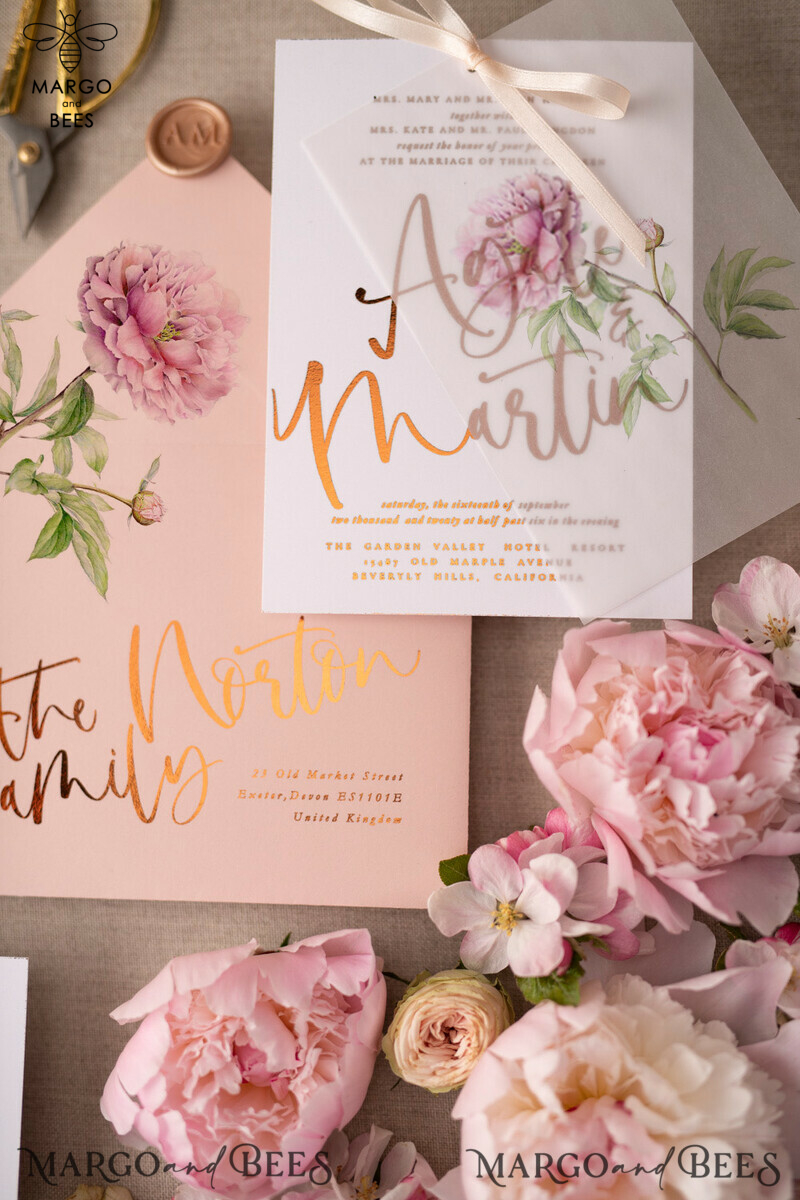 Introducing Our Exquisite Collection: Luxury Gold Foil Wedding Cards with Elegant Peony Motifs and Glamourous Golden Shine. Discover the Bespoke Vellum Wedding Invitation Suite with a Delicate Bow Detail.-1
