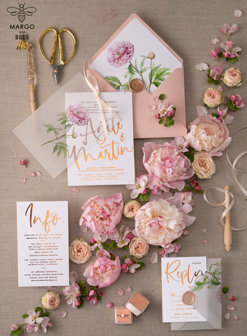 Introducing Our Exquisite Collection: Luxury Gold Foil Wedding Cards with Elegant Peony Motifs and Glamourous Golden Shine. Discover the Bespoke Vellum Wedding Invitation Suite with a Delicate Bow Detail.-2